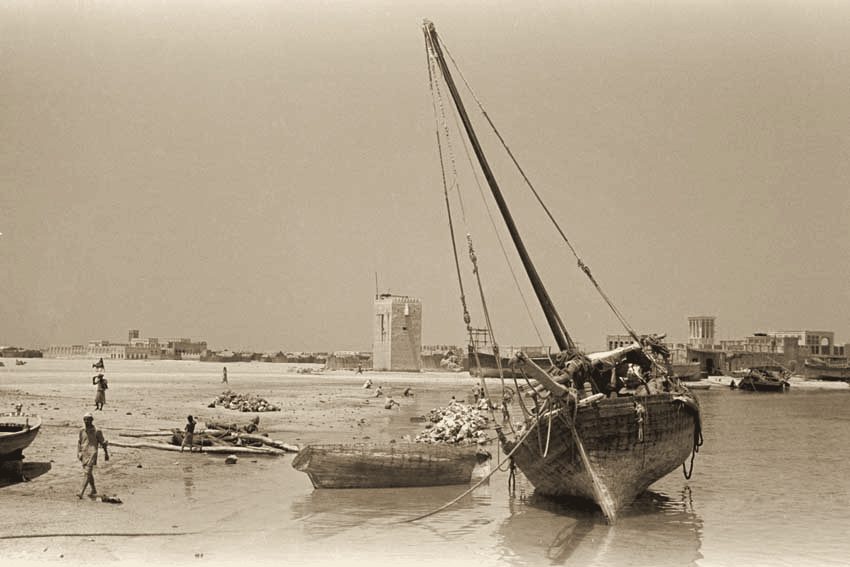 A dhow on the beach at the Abu Dhabi corniche, 1948